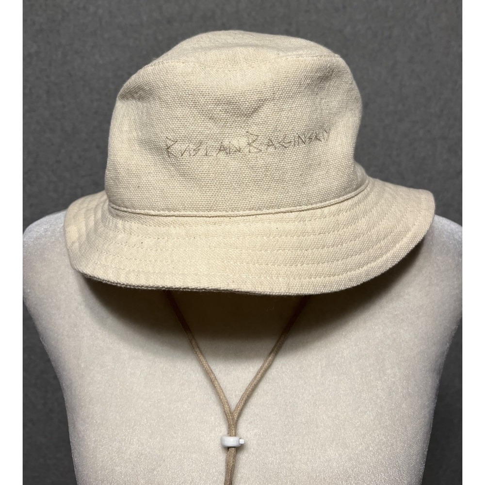 RUSLAN BAGINSKIY Embroidered Beige Cotton Bucket Hat Sz S Strap Toggle